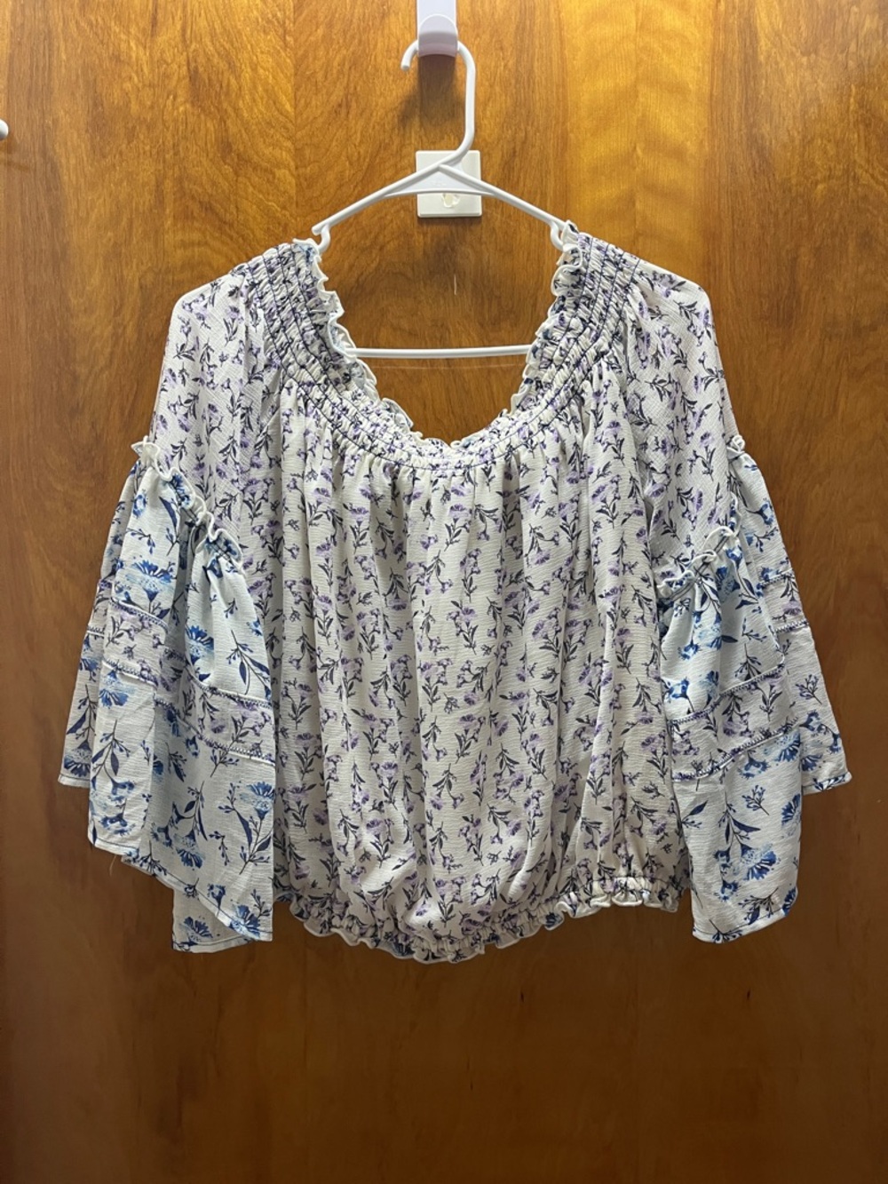 Free People Off the Shoulder Cream Blouse with Blue and Purple Floral Print